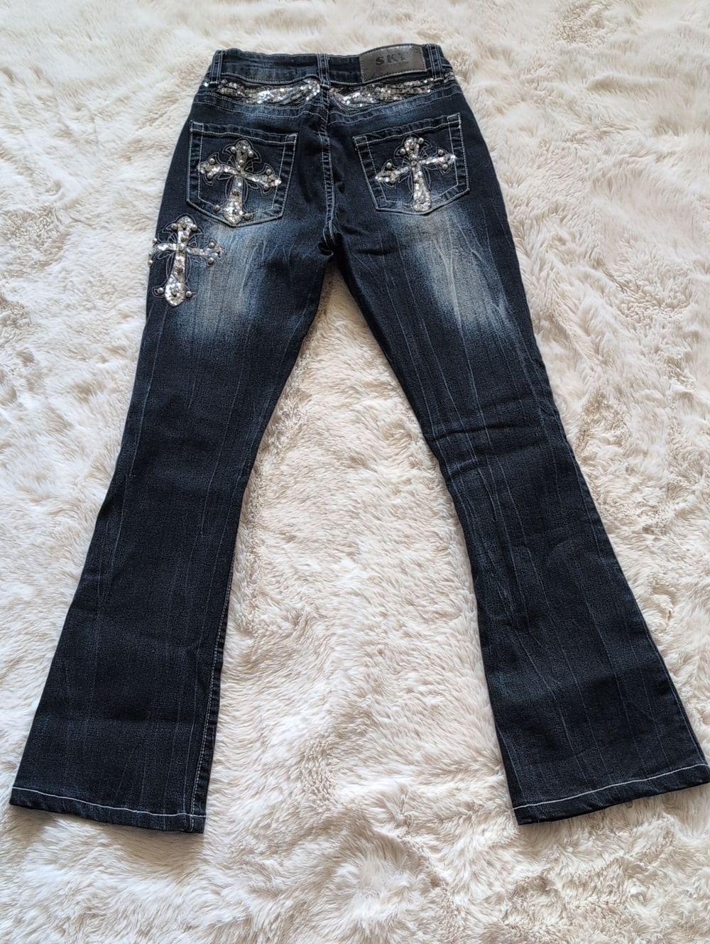 SKY Premium Collection Dark Washed Bootcut Jeans Embelished Cross Flare Jeans